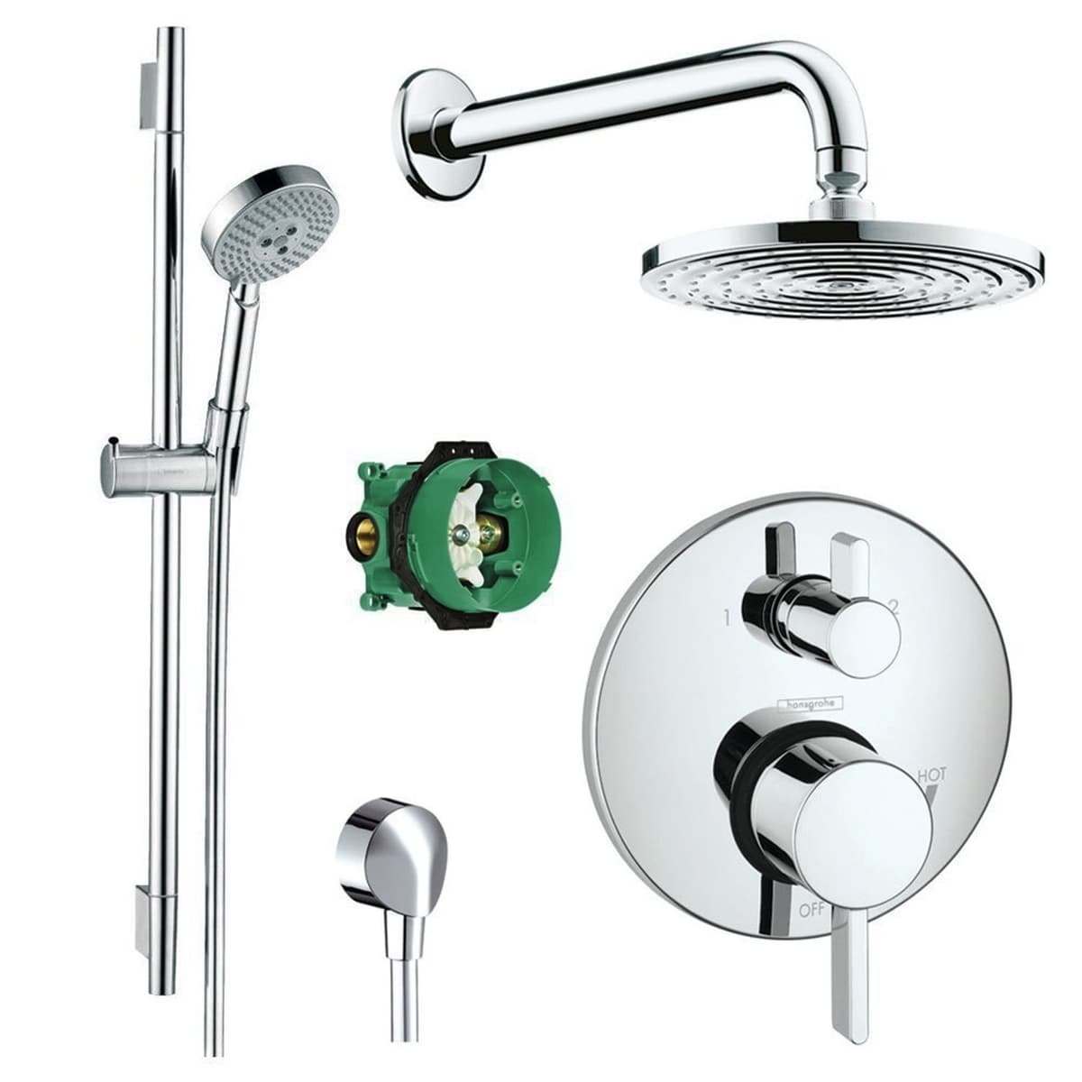 Conjunto de ducha Hansgrohe completo con rociador Raindance, ducha de mano y válvula (Chrome) Complete Shower Set 00245 HGHG