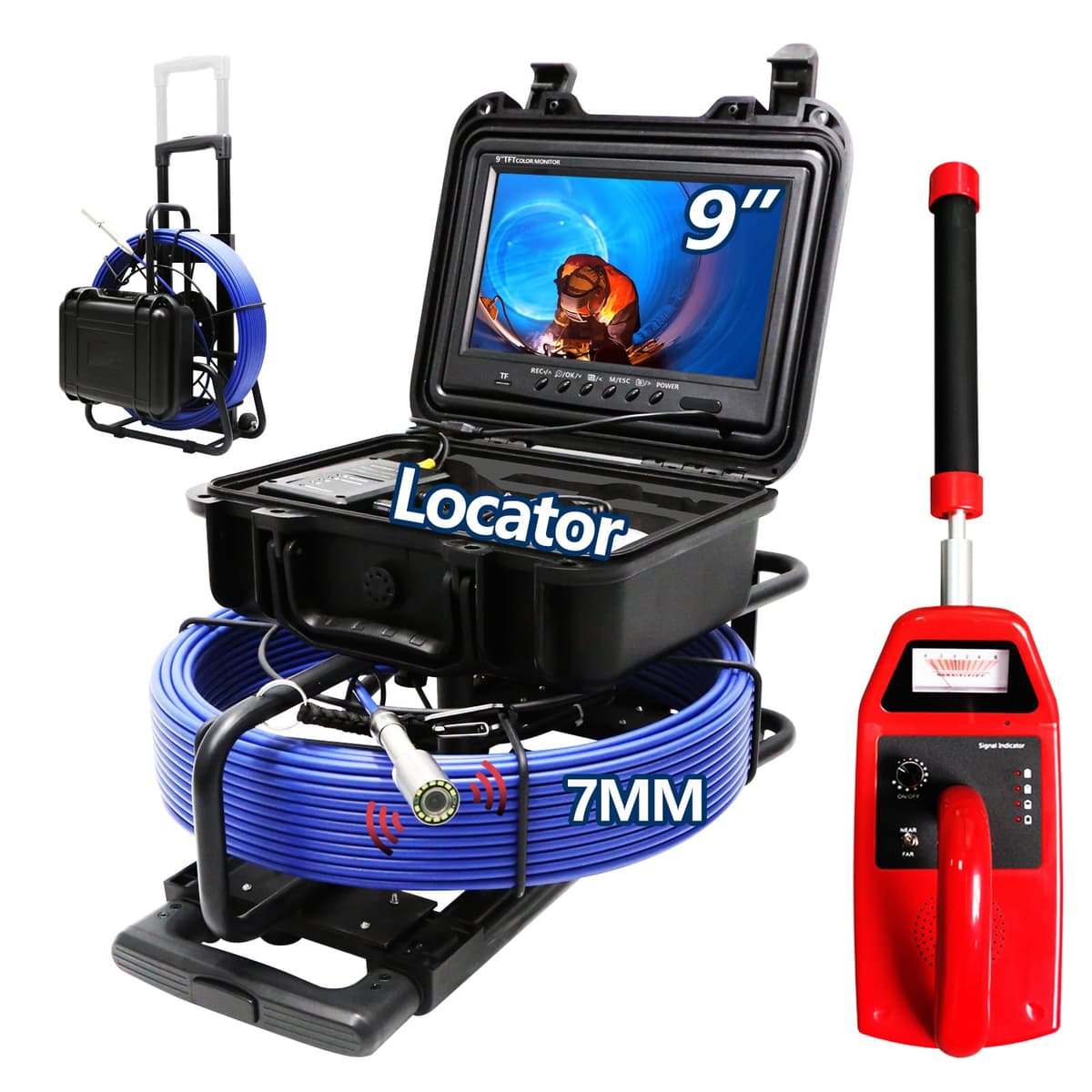 Gatebig Cámara de Inspección de Cañerías con Localizador 50M, Cable 7mm, Pantalla 9" IPS con DVR - IP68 9DX1