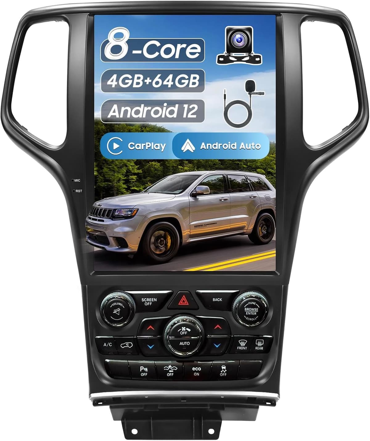 PALYXIU Actualización de estéreo para Grand Cherokee 2014-2022, pantalla de 12.1" Android 12 4+64GB CarPlay inalámbrico y Android Auto/Control por voz/GPS/Bluetooth 5.0/WiFi/Cámara trasera 1080P