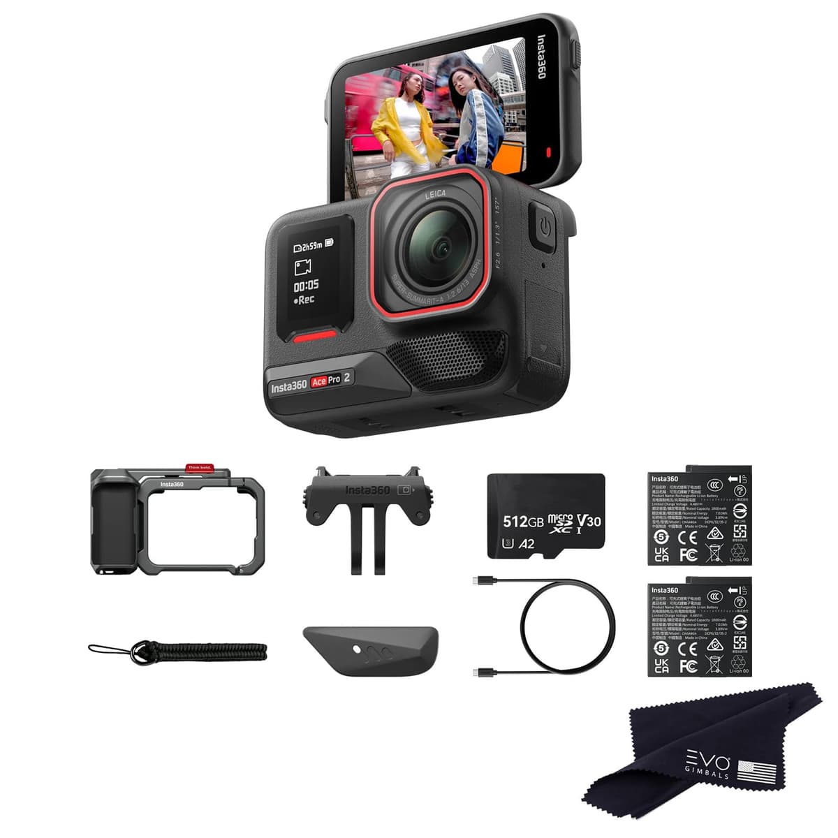 Insta360 Ace Pro 2 Dual Battery Xplorer Bundle con tarjeta 512GB - 8K Action Camera co-diseñada con Leica, sensor 1/1.3", pantalla abatible 2.5", reducción de ruido por IA CINSBBGA-Xplorer-512GB