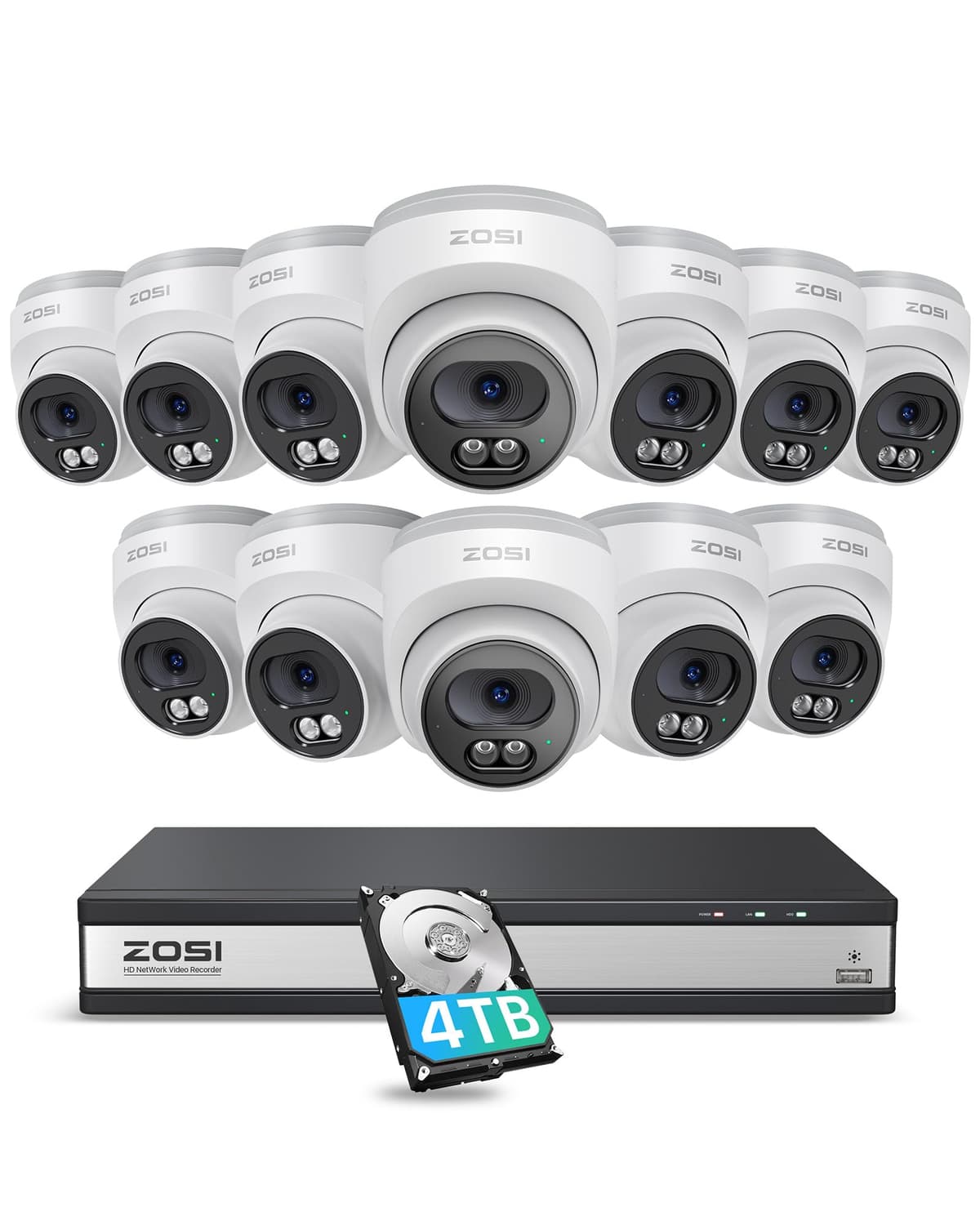 ZOSI C220 Sistema de cámaras de seguridad para el hogar PoE 4K de 16 canales, NVR 16CH 8MP 4K con HDD de 4TB para grabación 24/7, 12 cámaras IP domo 4MP (1440p) QHD 2.5K para exterior e interior, detección inteligente de personas, audio bidireccional 168K4-2204W12-US
