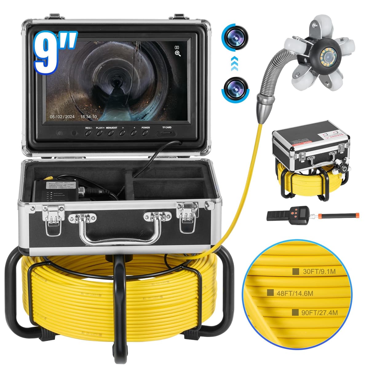 VEVOR Sewer Camera con Localizador 512Hz, 165 ft/50 m - Cámara 9" 1080P auto-nivelante, 36X Zoom, IP68 165ft Sewer Camera with 512Hz Locator