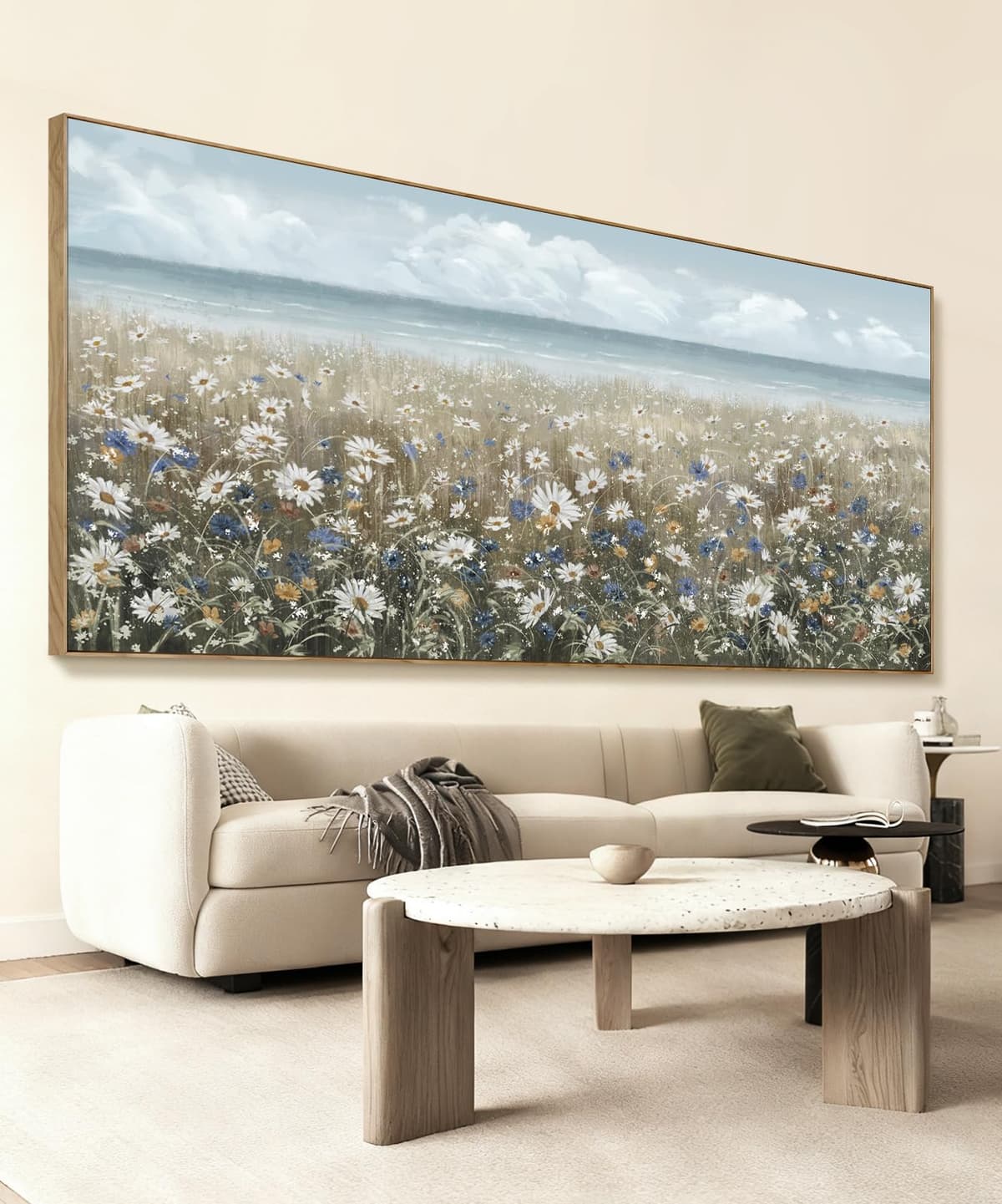 amatop Cuadro grande enmarcado paisaje costero azul con flores blancas, 86"x39"