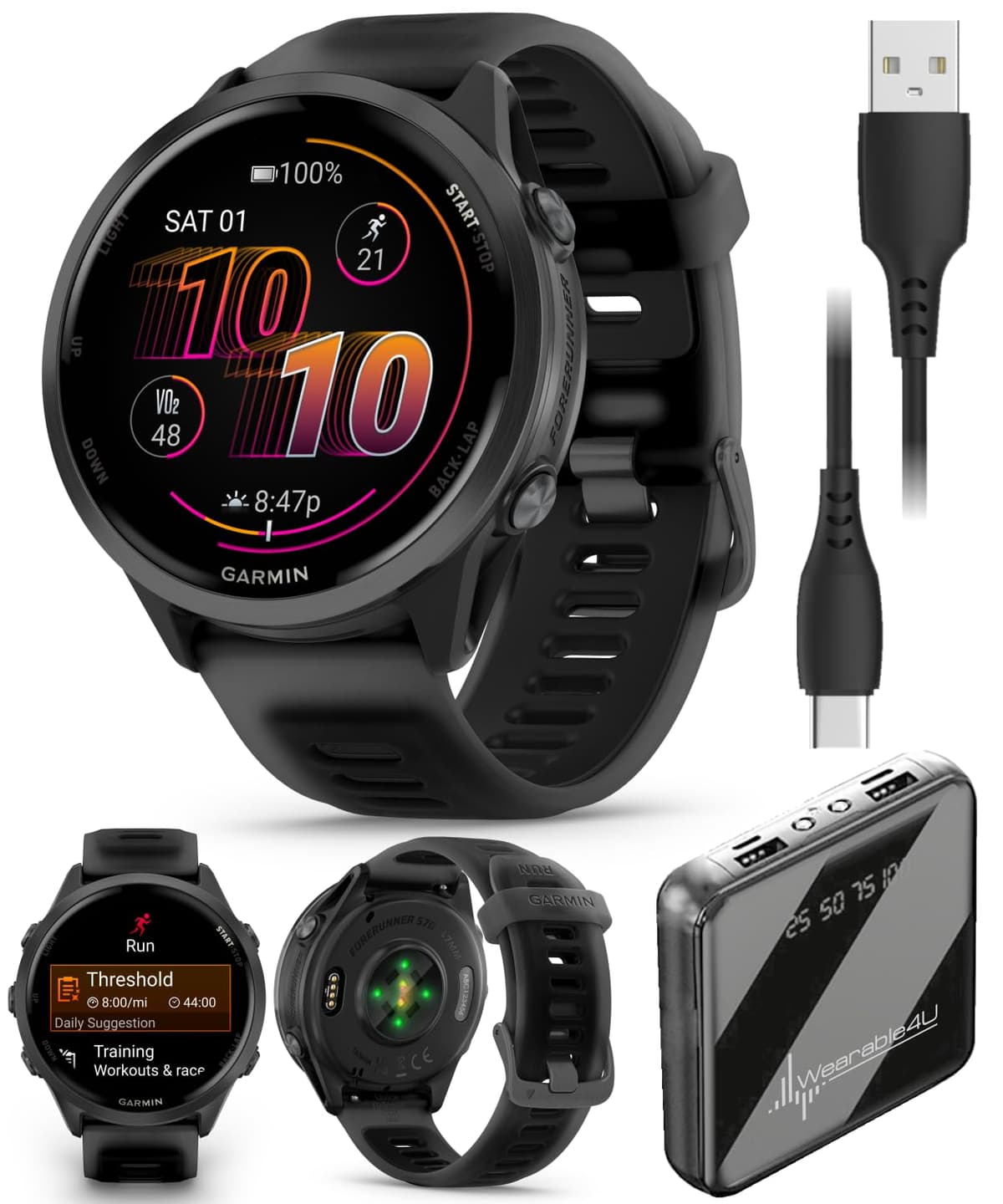 Garmin Forerunner 570 47 mm Reloj Inteligente Avanzado para Carrera y Triatlón con GPS, Pantalla AMOLED, Funciones de Entrenamiento y Recuperación, Aluminio Gris Pizarra con Correa Translúcida Negra/Negra y Paquete Wearable4U PowerBank