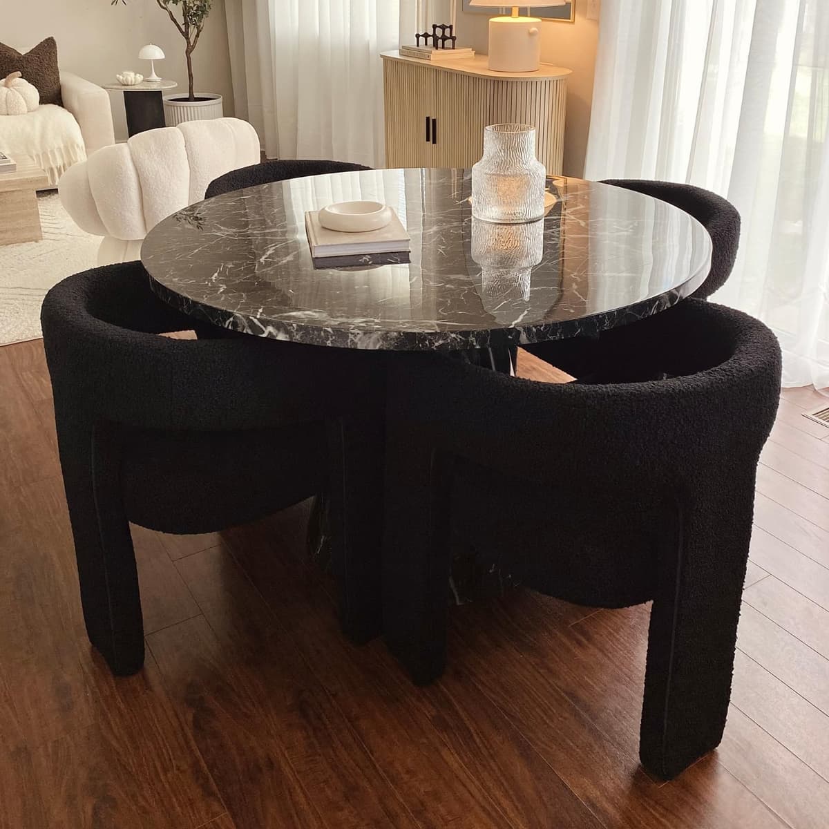 QUINJAY Sillas de comedor Sherpa negras, juego de 4, butacas tapizadas con brazos QJ-SYX5101DC-MBK-ABK-1X4
