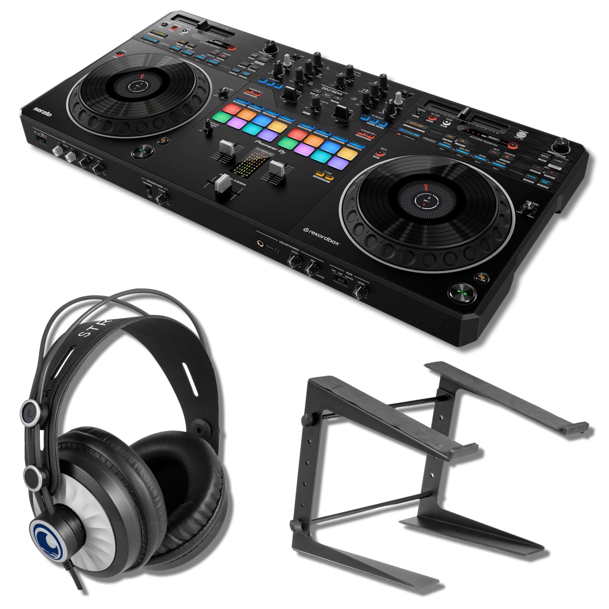 StreamEye Pioneer DDJ-REV5 Controlador DJ 4-deck con audífonos profesionales y soporte para laptop DDJ-REV5 (with LPT5000 & Headphones)