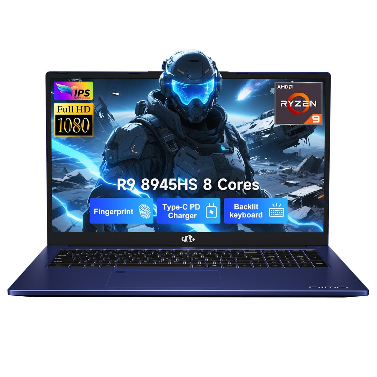 NIMO 17.3 Laptop para juegos Ryzen 9 8945HS (Mejor que i9-13900H, Hasta 5.2GHz) 16GB RAM, 1TB SSD, Radeon 780M, PD 100W Type-C, IA mejorada para Copilot VR Ready, Batería 75W, Teclado retroiluminado, Lector de huellas ARN79