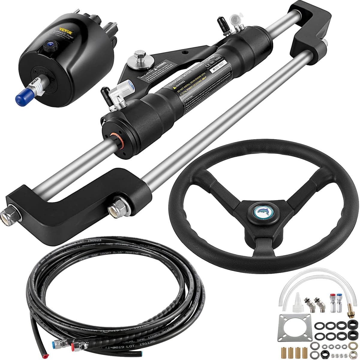 VEVOR Kit de dirección hidráulica para fuera de borda 300HP, bomba de timón, manguera nylon 16 ft, volante 13.5" Outboard Steering