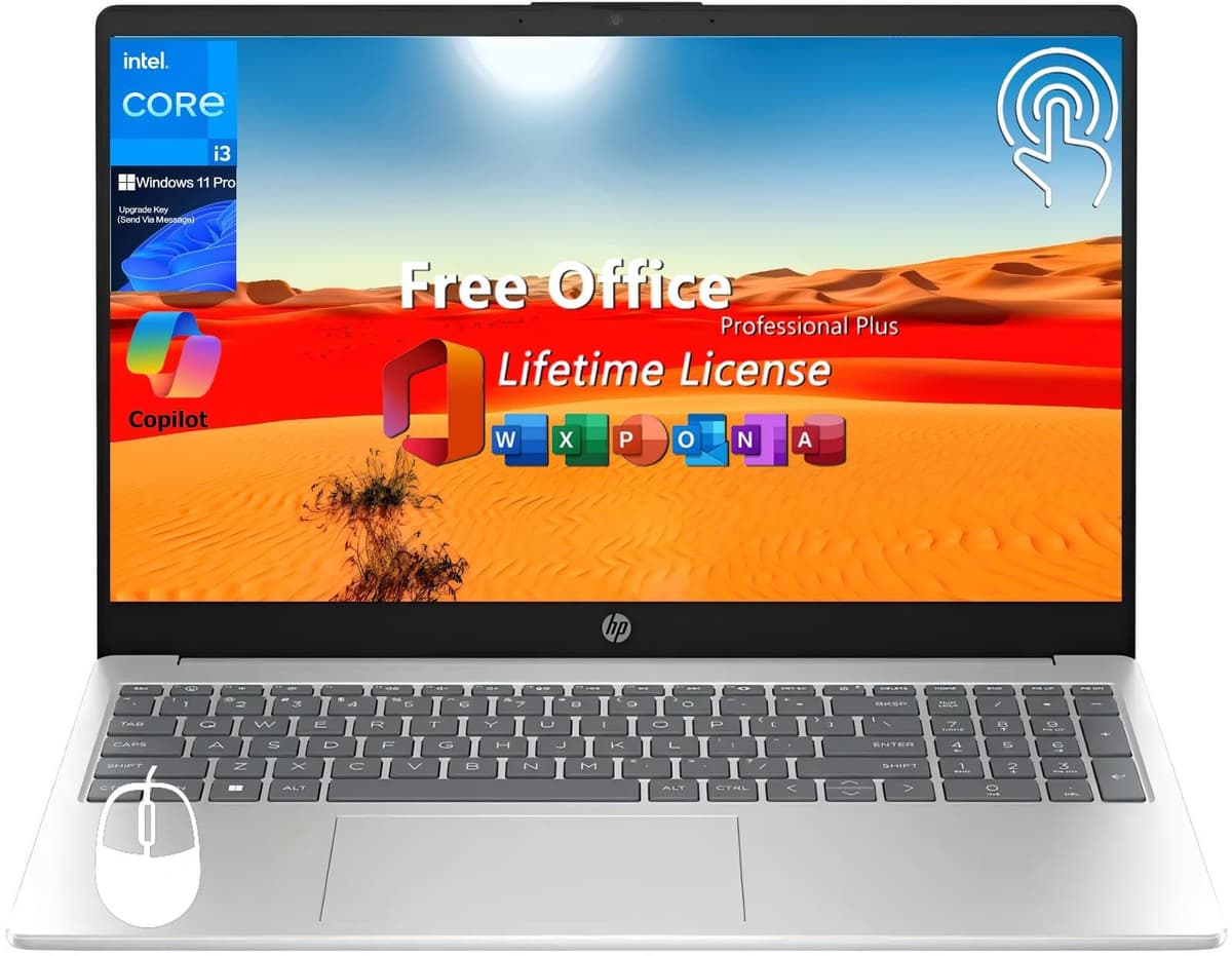 HP Notebook táctil 15.6", Intel i3-1215U (hasta 4.4 GHz), Intel UHD Graphics, 16 GB RAM, 1 TB SSD, larga duración de batería, Wi-Fi 6E, Copilot, Windows 11 Pro y licencia perpetua Office Pro 15-fd0023dx/A9HM6UA#ABA