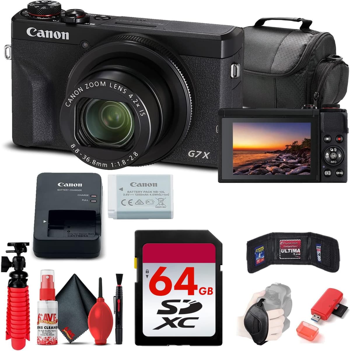 Cámara digital Canon PowerShot G7 X Mark III (Negra) (3637C001) + Tarjeta de 64GB + Lector de tarjetas + Bolsa suave de lujo + Trípode flexible + Correa de mano + Estuche para tarjetas + Kit de limpieza (Paquete inicial) (Reacondicionado) 3637C001_EDIV_1-RE