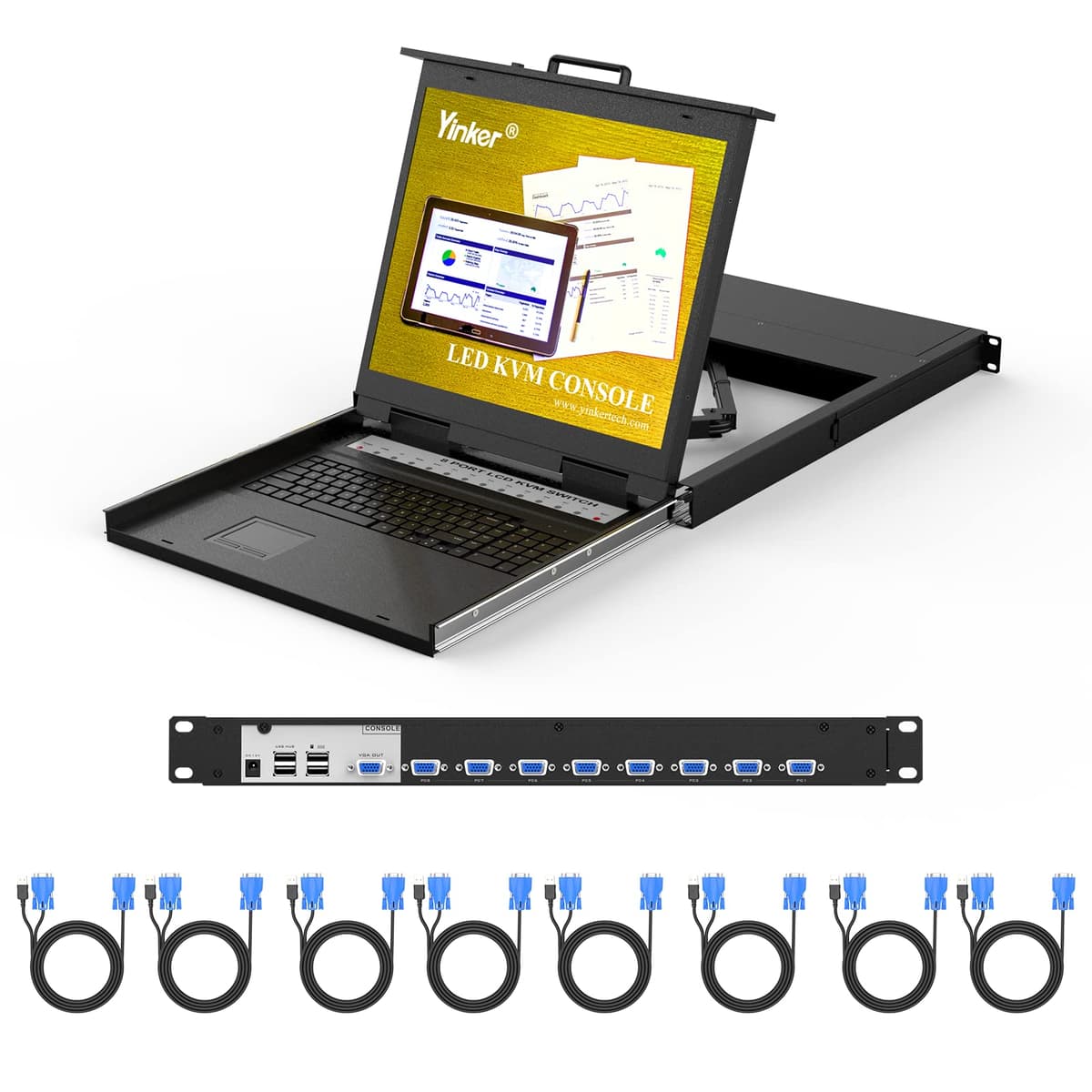 Yinker 8 Port VGA KVM Switch con Monitor LCD 19", Teclado y Touchpad para Rack 1U (1280x1024) 1908UL