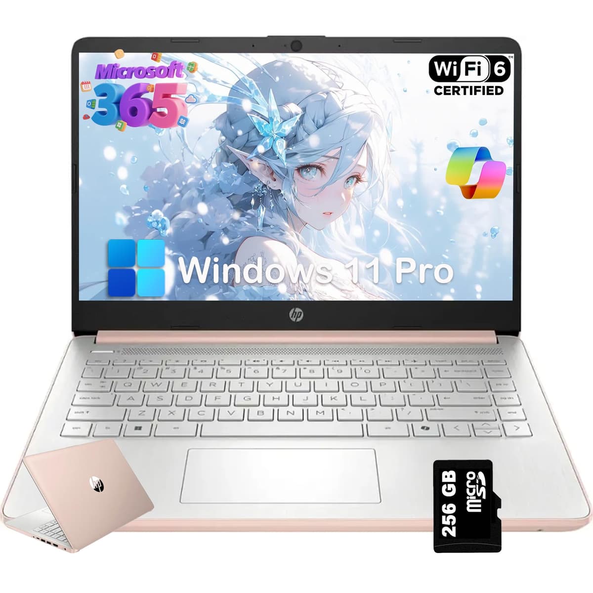 HP 2025 Nuevo Portátil 14 para Estudiantes y Negocios - IA Potenciada, 1 Año Office 365, CPU Intel Quad-Core, Ultraligero, 16GB RAM, 384GB Almacenamiento (128GB UFS + 256GB Tarjeta SD), 14" LED, Win 11 Pro, Rosa Pálido Oro N150