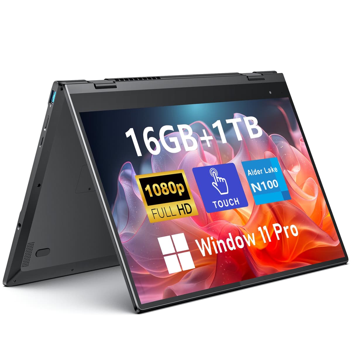 FUNYET Computadora Portátil Táctil 2 en 1 de 14 Pulgadas, Windows 11 Pro, Intel N100, 16GB RAM 1TB SSD, 1920 x 1080, Desbloqueo por Huella, Teclado Retroiluminado, Wi-Fi 6, BT5.2, Garantía 2 Años YO-01