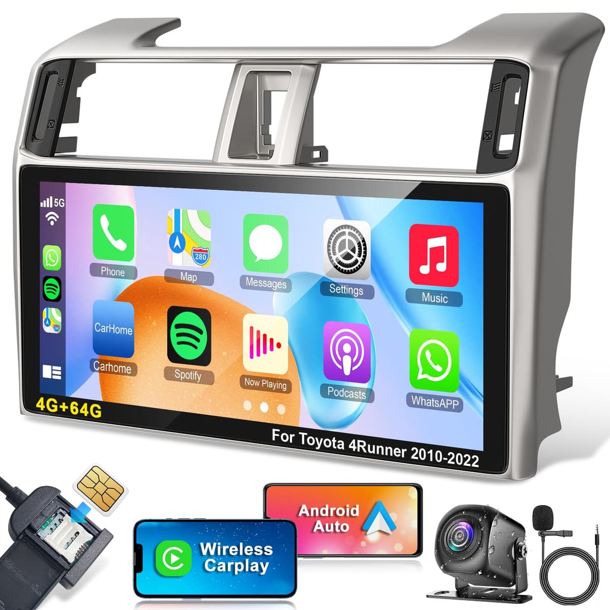 WOWiViD Actualización de radio de auto WiFi 5G para Toyota 4Runner 2010-2022, 8 núcleos 4+64GB 1920×720 estéreo 4Runner con CarPlay inalámbrico y Android Auto, Bluetooth 5.2 control por voz, DSP EQ GPS 4G LTE SWC conserva estilo OEM