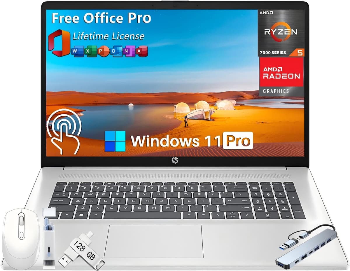 Laptop empresarial HP, 17.3" HD+ táctil, Office 2024 licencia de por vida, 16 GB RAM, 1 TB SSD, AMD Ryzen 5 7530U, BrightView, teclado de tamaño completo, webcam, Wi-Fi 6, Windows 11 Pro, con accesorios HP 17.3 Touchscreen Laptop