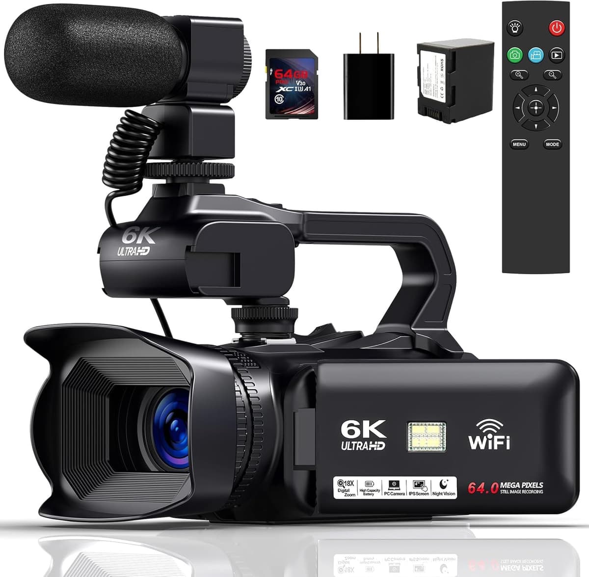 OPRKQEE V109 Camcorder 6K 64MP, 18X Zoom, Pantalla 4.0", WiFi, Control Remoto, 64GB SD