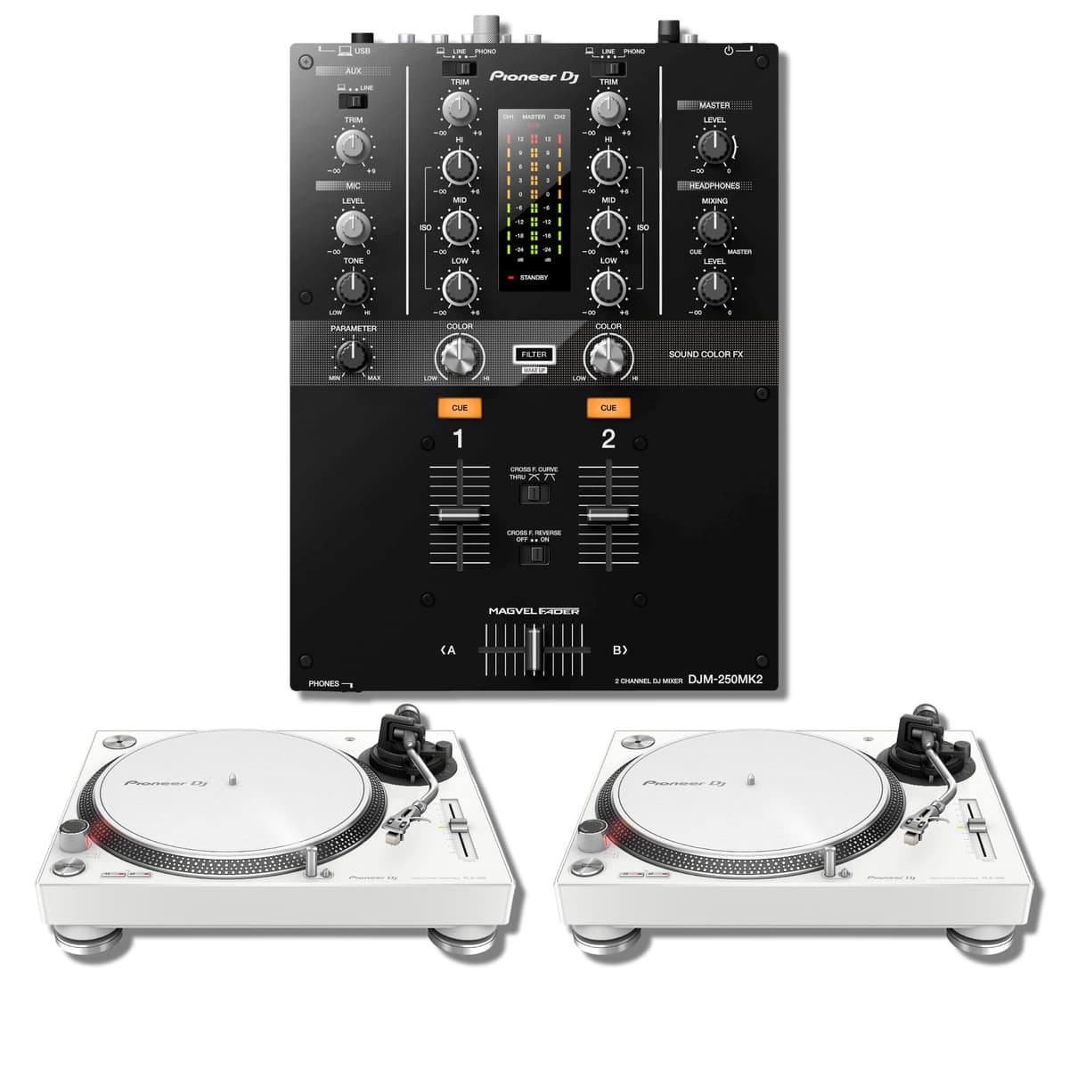 StreamEye Pioneer DJM-250MK2 Mixer 2 canales + Par de Platos Direct Drive PLX-500 Blancos DJM-250MK2 + PLX-500-W (Pair)