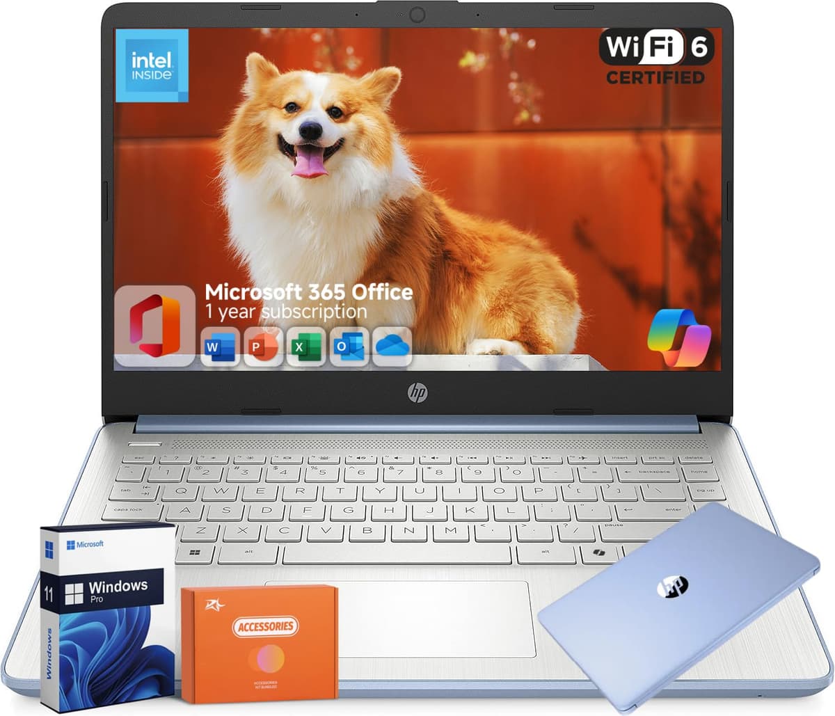 HP 14 pulgadas, Intel N150, Office 365 1 año, 16 GB RAM, 512 GB almacenamiento (128 GB eMMC + 128 GB UFS + 256 GB microSD), 11 horas de batería, Copilot AI, Wi-Fi 6, cámara HD, Windows 11 Pro, accesorios, azul HP 14 Laptop