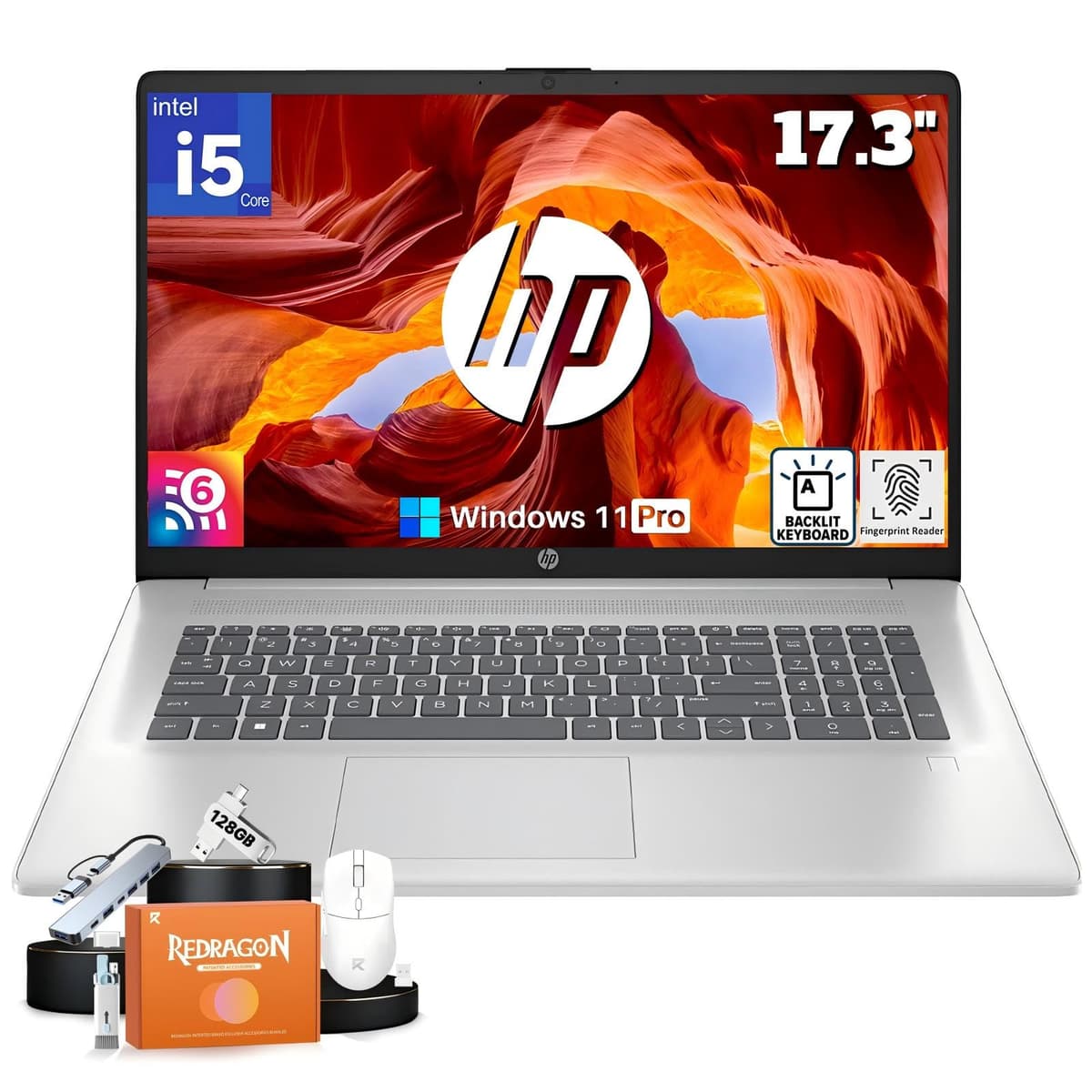HP portátil de 17 pulgadas, Intel i5-1334U de 10 núcleos, pantalla antirreflejo HD+ de 17.3", 64 GB RAM, SSD de 2 TB, teclado retroiluminado, lector de huellas, Windows 11 Pro, Wi-Fi 6, para estudiante de negocios, accesorios REDRAGON HP Laptop 17 inch+