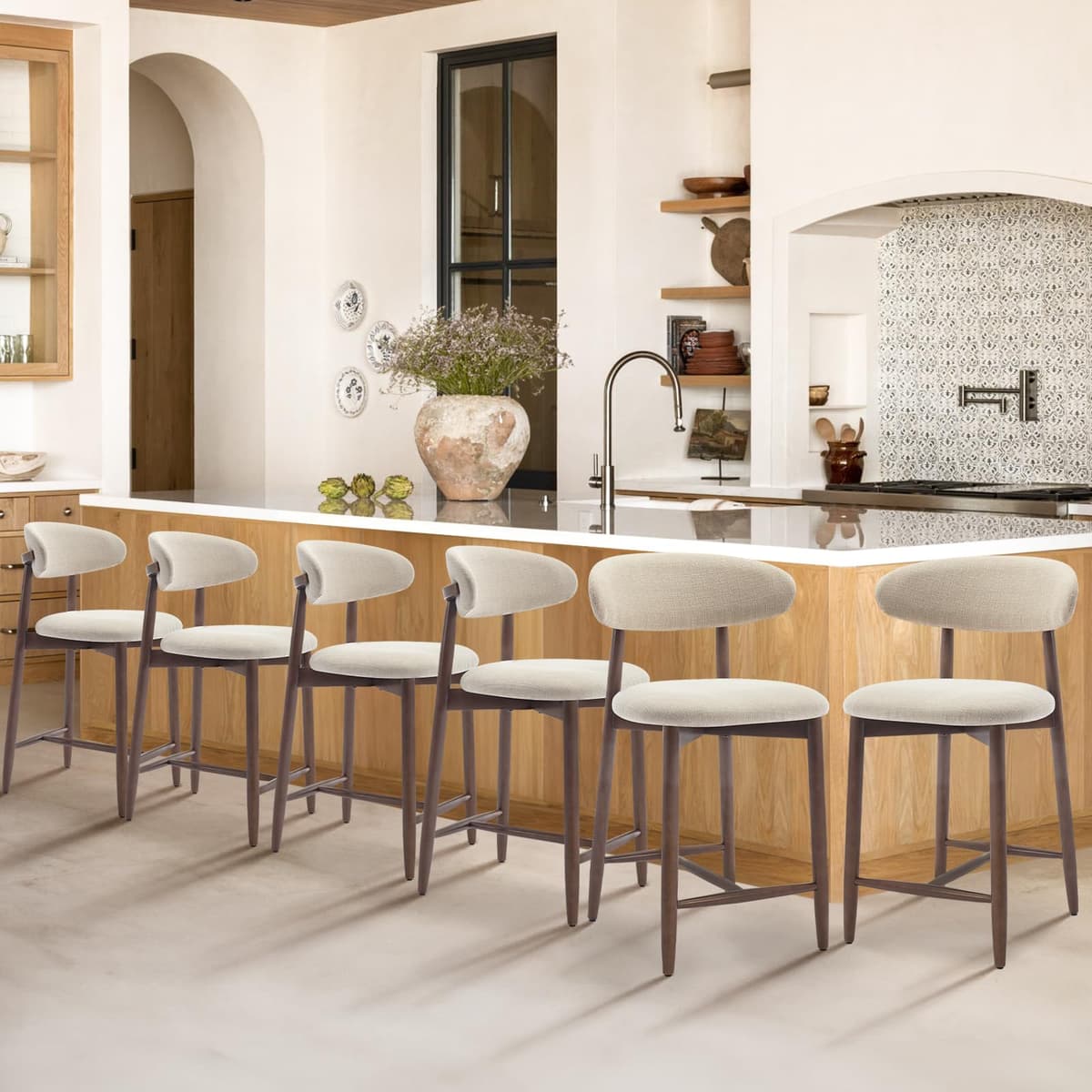 COLAMY Set de 6 taburetes de bar altura mostrador, estilo mid century, tapizados beige con patas de madera DY-6869-Beige-F