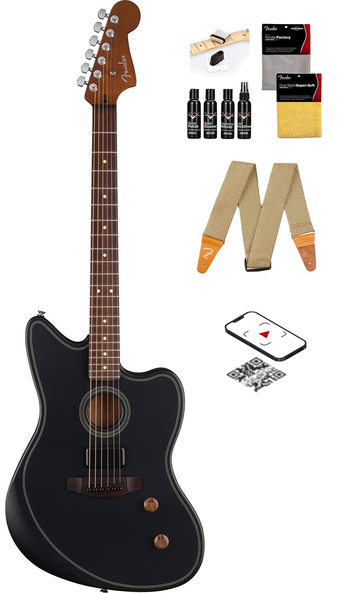 Fender Acoustasonic Standard Jazzmaster - Black Bundle con correa, kit de limpieza y video instructivo Austin Bazaar AUS-0973133506-COMBO-DLX
