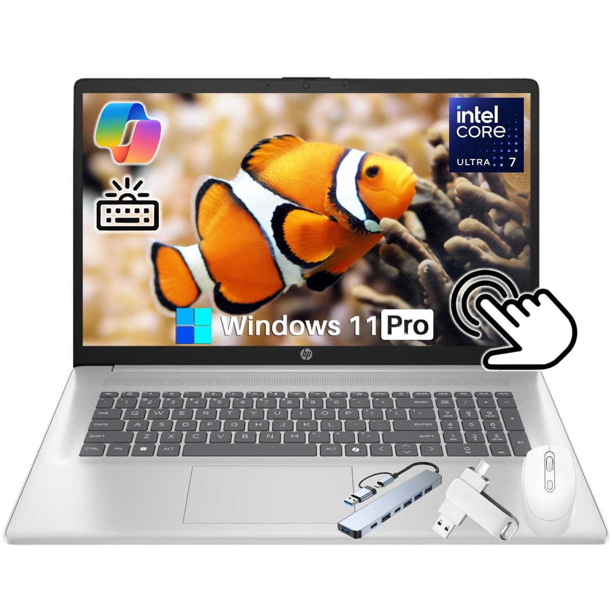 HP Laptop táctil de 17" 2025, pantalla táctil antirreflejo HD+ de 17.3", teclado retroiluminado, Intel Ultra 7 255U (hasta 5.2 GHz), 64 GB DDR5, 2 TB SSD, BT 5.4, Copilot, Windows 11 Pro, accesorios 17-cn5075cl
