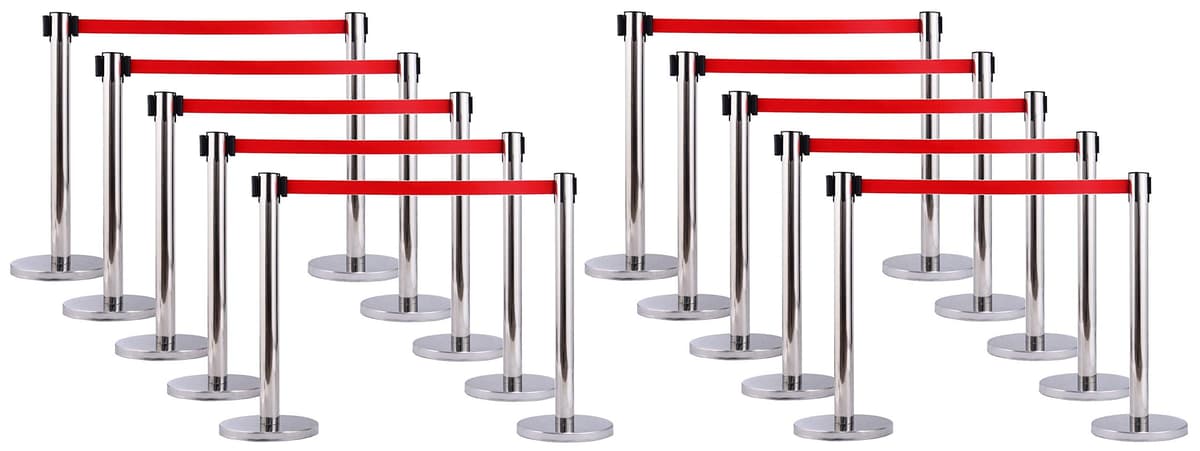 Poste de acero inoxidable Electriduct con cinta retráctil roja de 35" para control de multitudes, barrera de fila, poste metálico (20 piezas) TC-XT-STANCHION-SS/RD-20PK