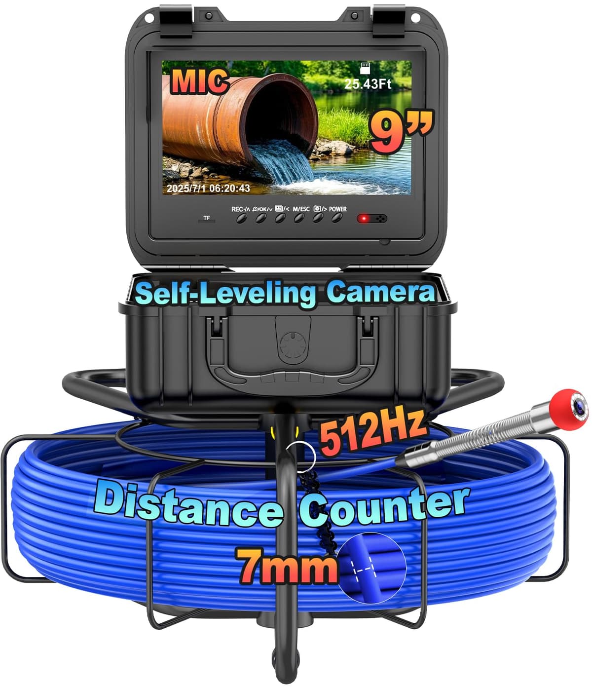 Anysun Sewer Camera Self-Leveling 165FT/50M, 9'' 1080P IPS, Transmitter 512Hz, Contador de Distancia, Cable 7MM, Mic/DVR, IP68, 32GB