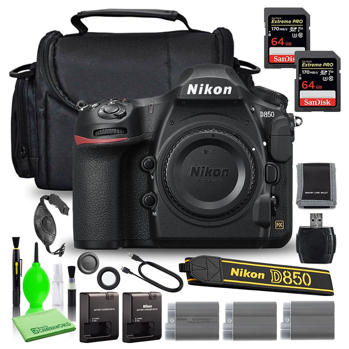 Nikon D850 DSLR (Cuerpo) - Paquete Deluxe con accesorios y 2x SanDisk 64GB 1585_MP3_U