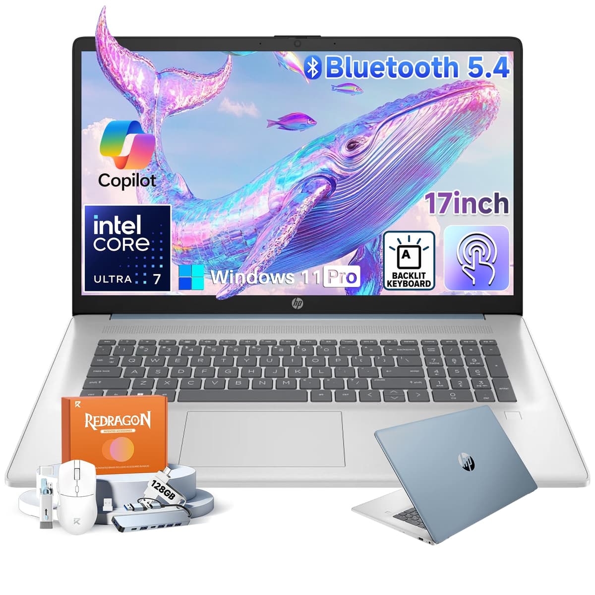 HP 17" Pantalla Táctil, Windows 11 Pro, Intel Ultra 7 de 12 núcleos 255U (hasta 5.2 GHz), Pantalla Táctil HD+ de 17.3", 64GB DDR5, 2TB SSD, Teclado Retroiluminado, Lector de Huellas, Copilot AI, Bluetooth 5.4 17-cn5085cl