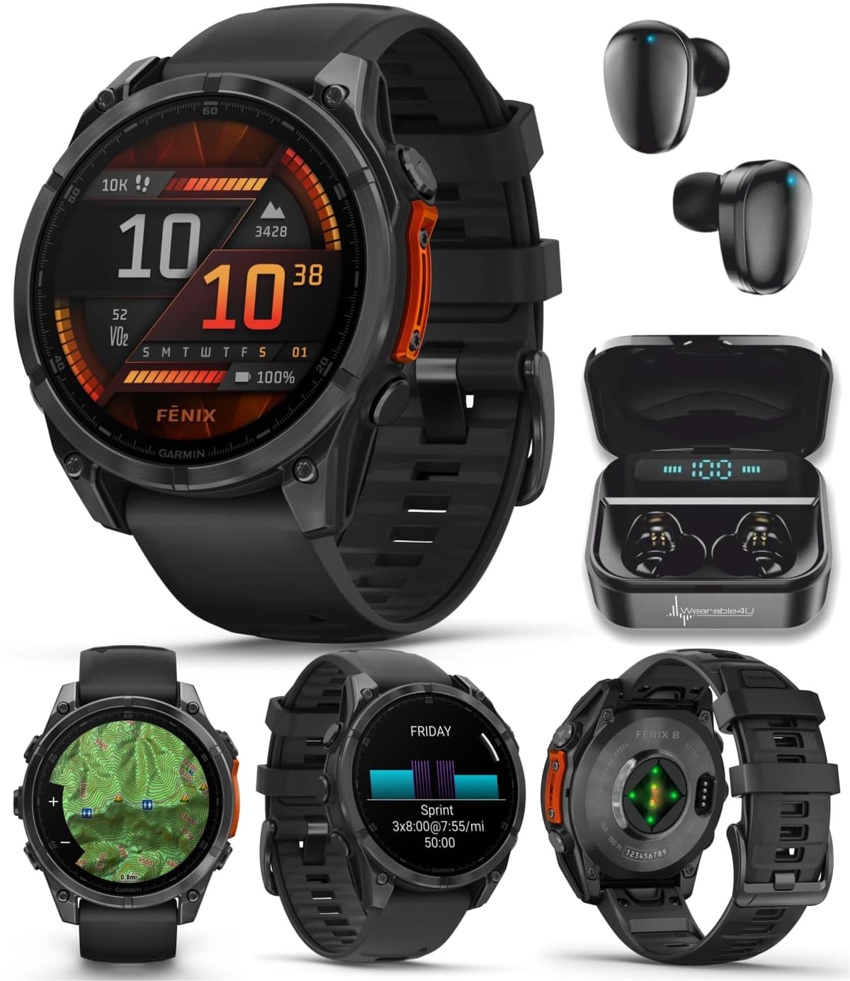 Wearable4U Garmin Fenix 8 47 mm AMOLED Slate Gray con correa negra y auriculares negros TWS X7