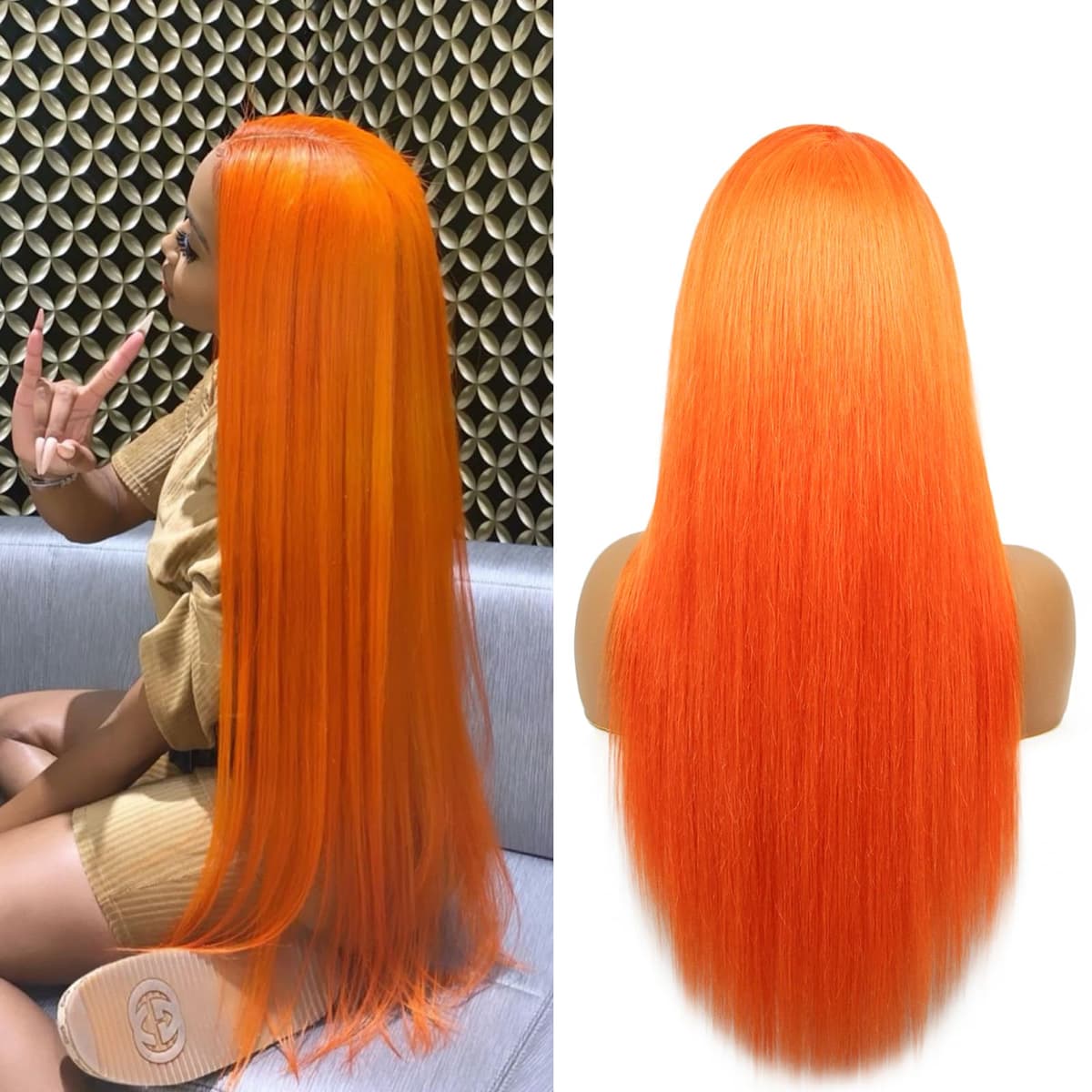 SUPSYOUSF Peluca 13x4 42" color naranja, cabello humano, pre-plucked, 180% densidad, línea frontal HD