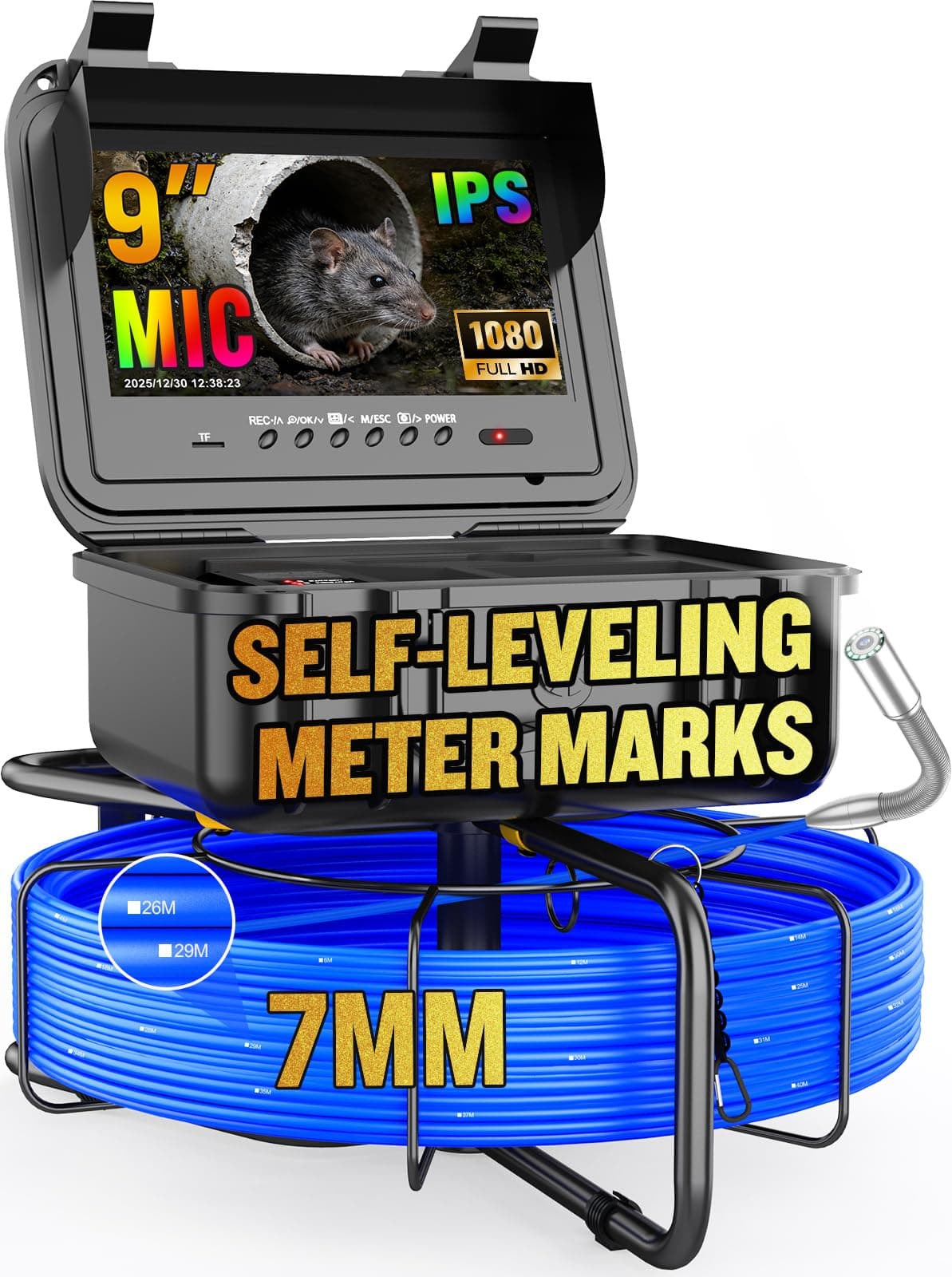 Anysun Self-Leveling Sewer Camera 200FT 9" HD DVR IP68 con 32GB y cable 7mm 9DX-ZPH
