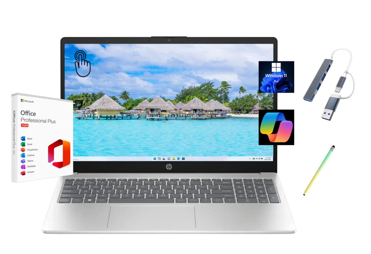 HP 2025 Notebook táctil de 15.6" HD, Microsoft Office 2024 gratis de por vida, Intel Core i3-1315U (mejor que i5-1135G7), 32 GB RAM, SSD de 2 TB, Windows 11 Pro, Plateado Natural, Copilot, con concentrador USB y lápiz táctil 15-fd0123dx