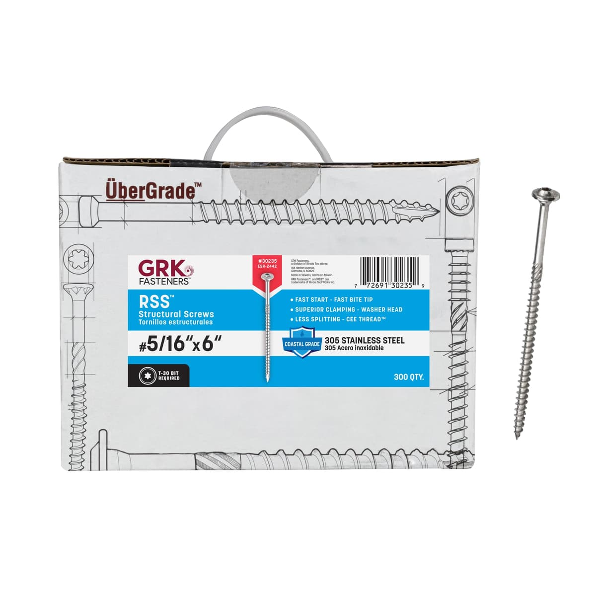 GRK Fasteners RSS 305 Acero Inoxidable 5/16 x 6 Inch, Tornillos Estructurales para Exteriores, 300 PCS 772691302359