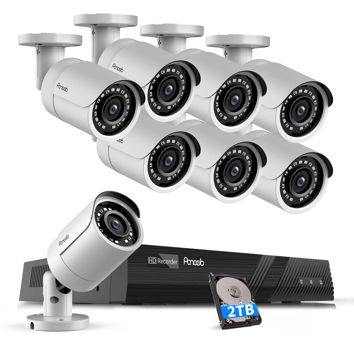 PANOOB Sistema de Cámaras de Seguridad PoE 4K, 8 cámaras bullet IP PoE con cable 8MP con micrófono, Detección de Personas por IA, NVR de 8 canales 4K/8MP con HDD 2TB, Ángulo Amplio 110°, Visión Nocturna IR 30 m, PB37F0808-8M