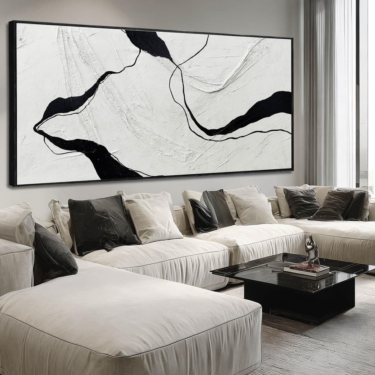 MLART99 Arte en lienzo pintado a mano abstracto con líneas negras extra grande Gris y negro Minimalista moderno con marco para sala, dormitorio u oficina 40x88 pulgadas