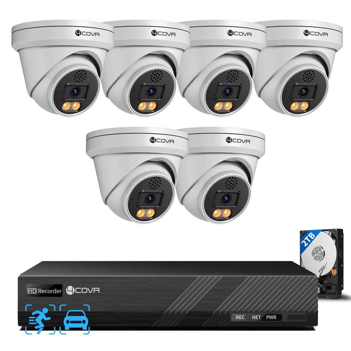 Forcovr Sistema de Cámaras de Seguridad 4COVR PoE, Comunicación Bidireccional, Visión Nocturna a Color Inteligente, Detección AI de Personas/Vehículos, NVR 8CH 8MP con HDD 2TB, 6 Cámaras Dome IP 5MP IP67 para Exteriores, Acceso Remoto, LY97KA5M0806-1