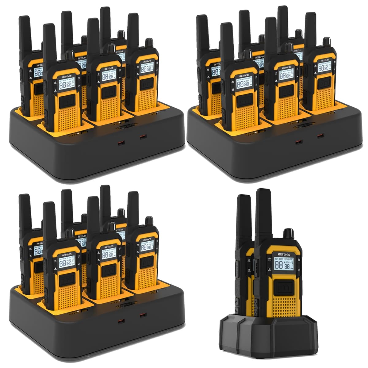 Retevis RB48 Walkie Talkies IP67 Heavy Duty, Cobertura hasta 300,000 ft², Paquete de 20 con Cargador 6 Vías FA9246AX10-C9034AX10