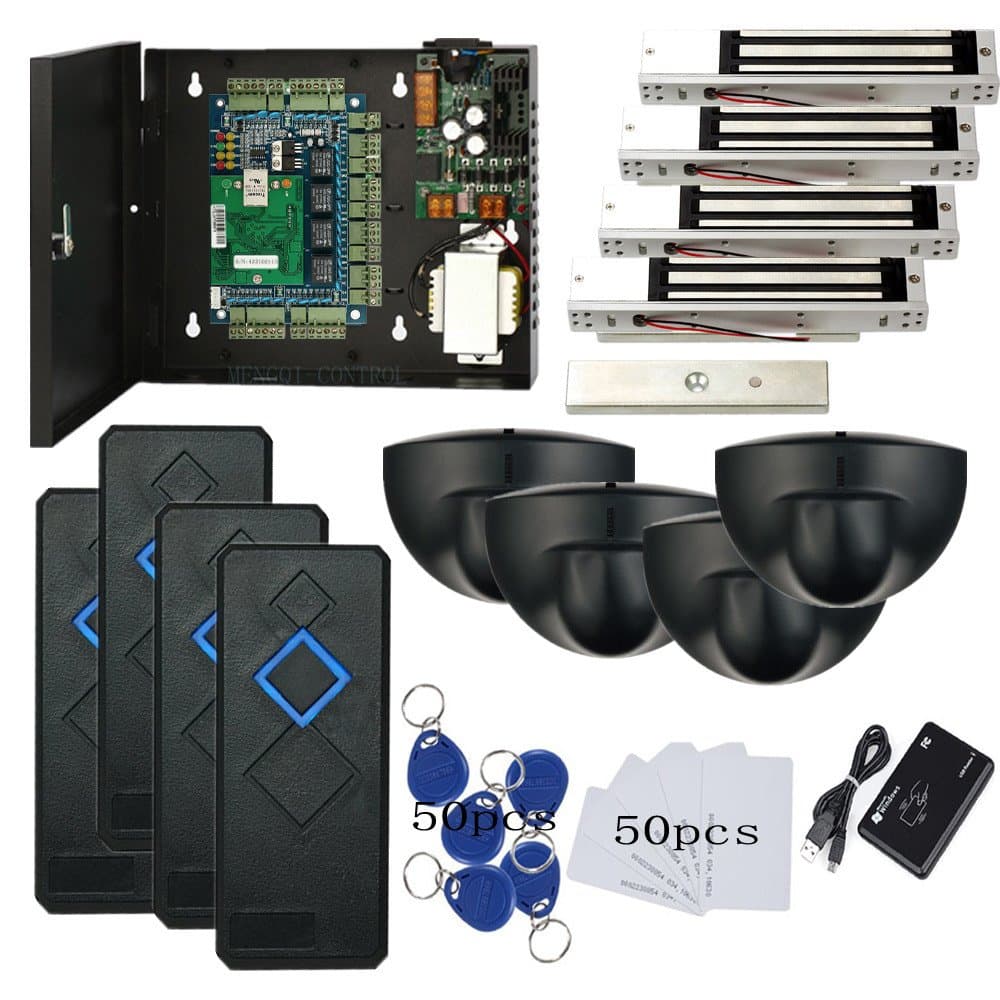 MENGQI-CONTROL Sensor de Movimiento PIR con Salida de Solicitud, Control de Acceso RFID para 4 Puertas, Cerradura Magnética 600 LBS, Fuente de Alimentación 110-240V, Caja con Lector RFID, Llaveros/Tarjetas y APP para Apertura Remota de Puerta 4door-ControlPanel-em motion usb