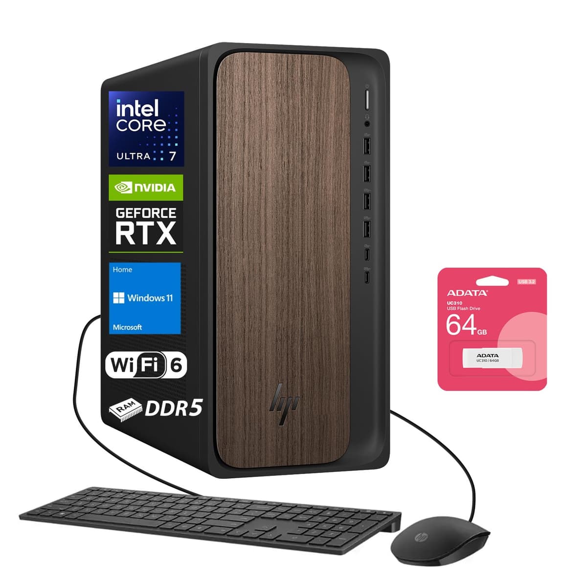 Torre de Escritorio Comercial HP OmniDesk M03, Intel Core Ultra 7 265, RTX 5060, 64GB DDR5, SSD 2TB, Soporta 4 Monitores 4K, DisplayPort, Wi-Fi 6, Windows 11 Home, Negro, Paquete con ADATA UC310 64GB TPC-F134-MT