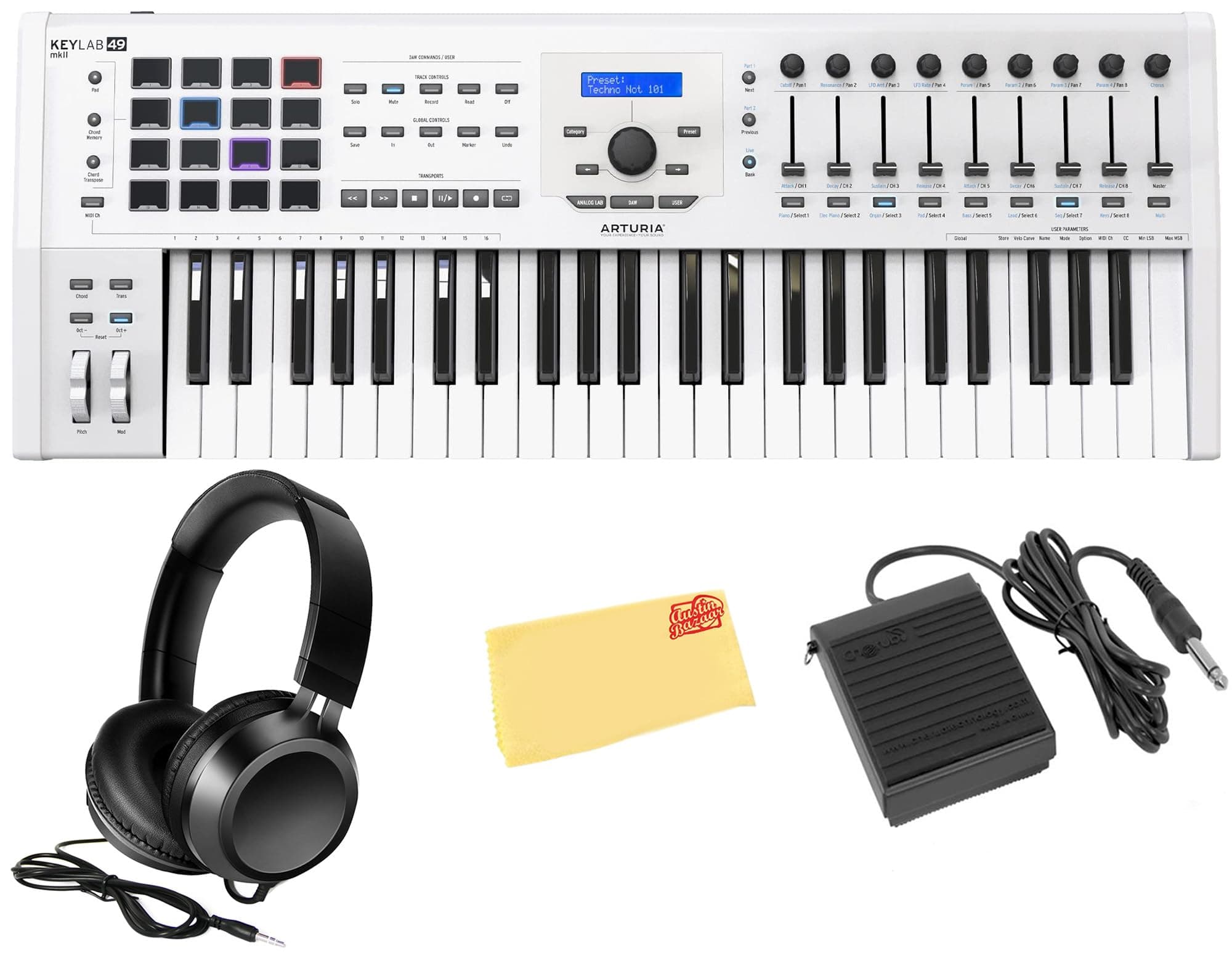 Arturia KeyLab 49 MkII MIDI Keyboard Controller - White Bundle con audífonos, pedal de sustain y paño pulidor AUS-230622-COMBO-DLX