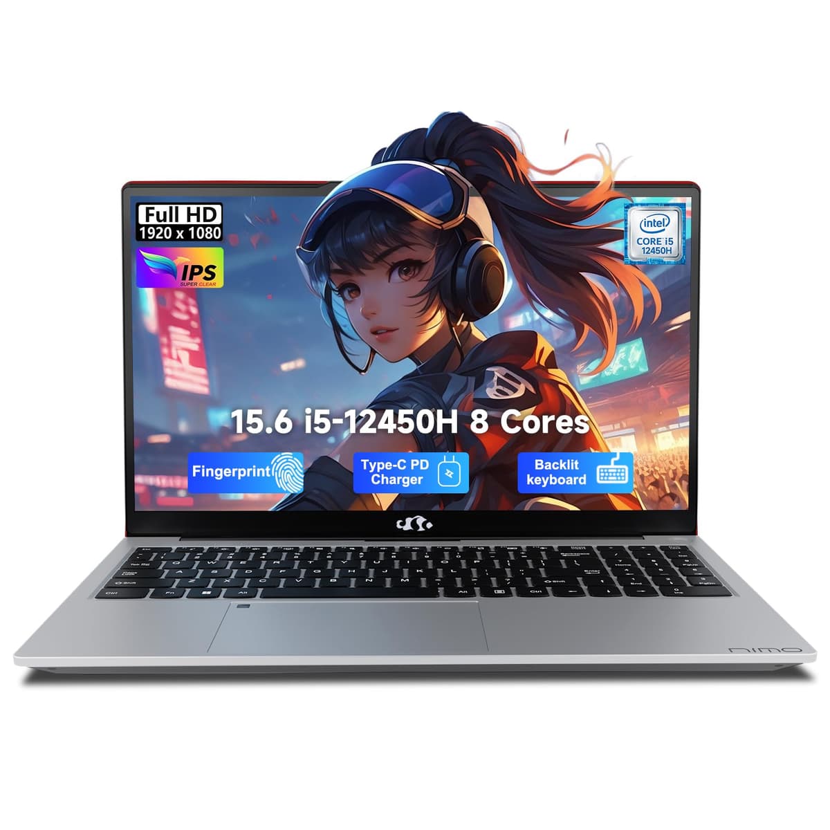 NIMO 15.6" FHD IPS Laptop, i5-12450H 8 núcleos (mejor que i7-11800H), 32GB RAM 1TB SSD, Teclado retroiluminado, Huella dactilar, Cargador rápido Type-C 100W, WiFi 6, Ideal para estudiantes y oficina en casa NIMO N171