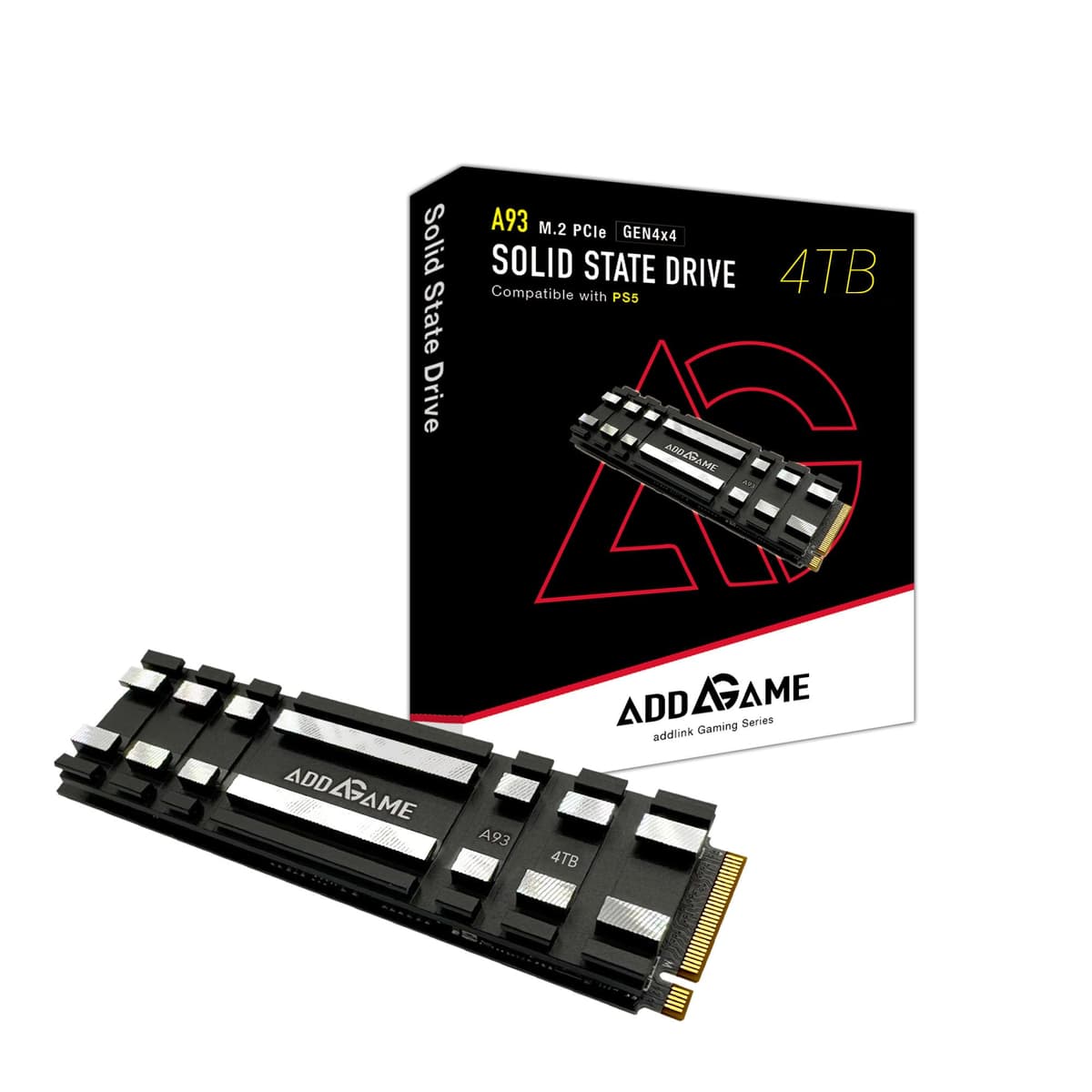 Addlink A93 Expansión de Almacenamiento 4TB para Consola PS5 con Disipador, Hasta 7400 MB/s, Gen 4 PCIe NVMe M.2 2280, Unidad de Estado Sólido Interna con Caché SLC (ad4TBA93M2P)