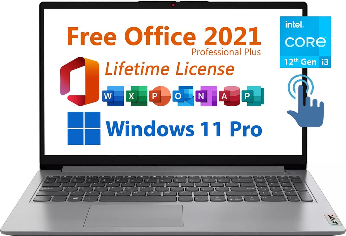 Lenovo 15.6" Laptop Empresarial, Microsoft Office 2021 Gratis con Licencia de Por Vida, Pantalla Táctil FHD, Intel i3-1215U de 6 Núcleos Hasta 4.4 GHz, 16GB RAM, 512GB SSD, WiFi 6, 7 Horas de Batería, Windows 11 Pro 15-1i82QD