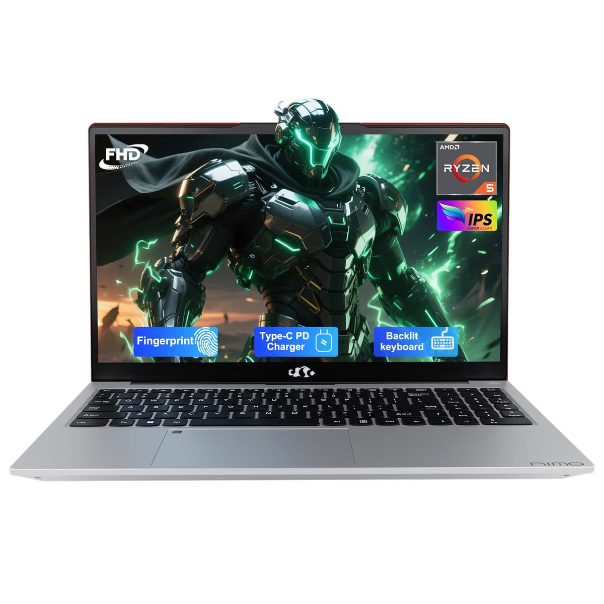 NIMO Laptop 15.6" IPS FHD, 16GB RAM 512GB SSD AMD Ryzen 5 (Mejor que i5-1135G7, 4 núcleos hasta 3.7 GHz) Computadora para Estudiantes con USB-C 65W, 2 Años de Garantía, Huella Dactilar, Teclado Retroiluminado, BT5.2, para Hogar NIMO N152
