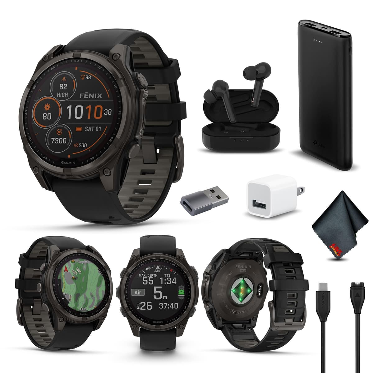 Garmin Fenix 8 47MM Solar Sapphire Carbon Gray DLC Titanium con correa negra/gray - Bundle con auriculares 010-02906-10_AG2