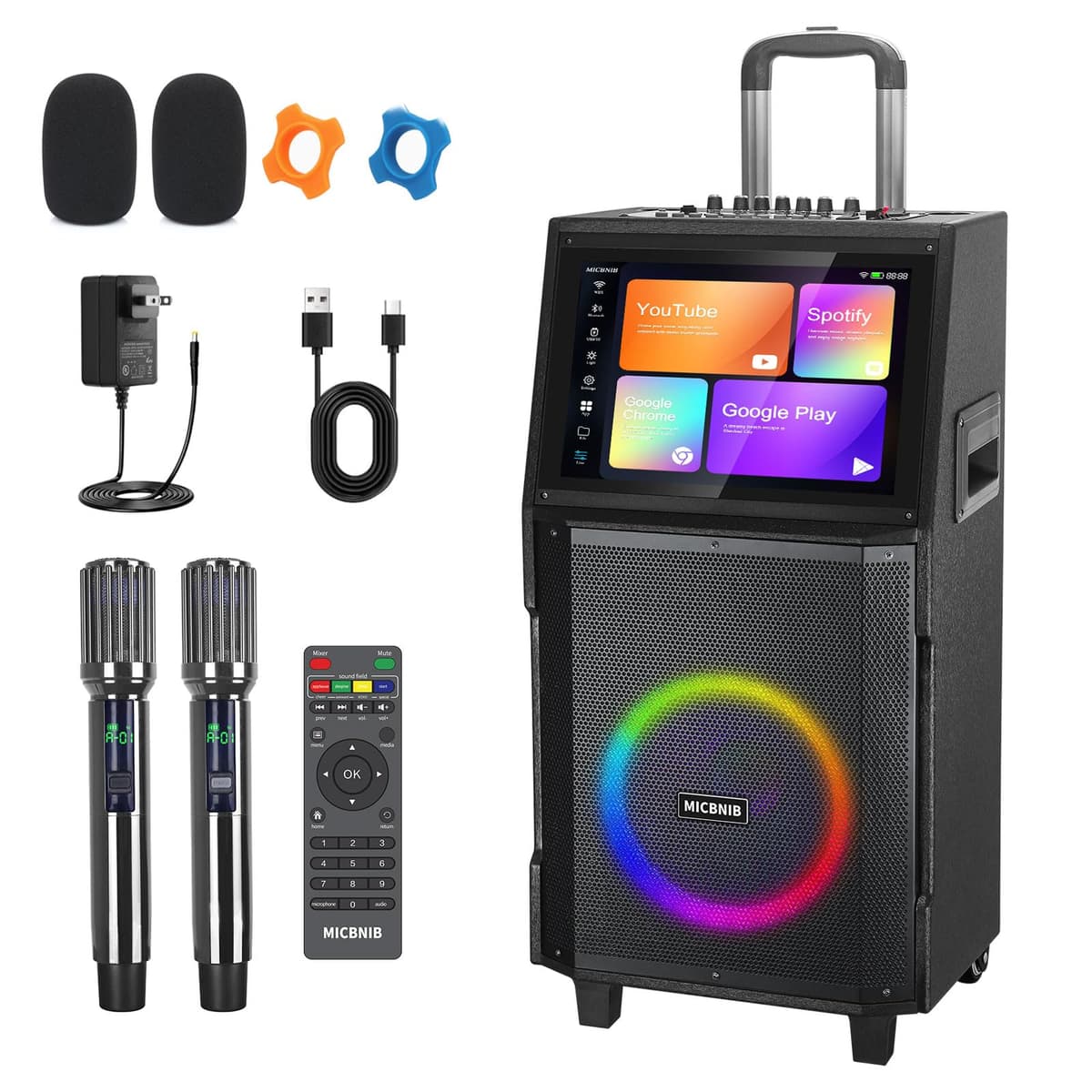 MICBNIB Karaoke portátil para adultos con pantalla de letras de 14.1", Bluetooth y 2 micrófonos inalámbricos M8 Pro