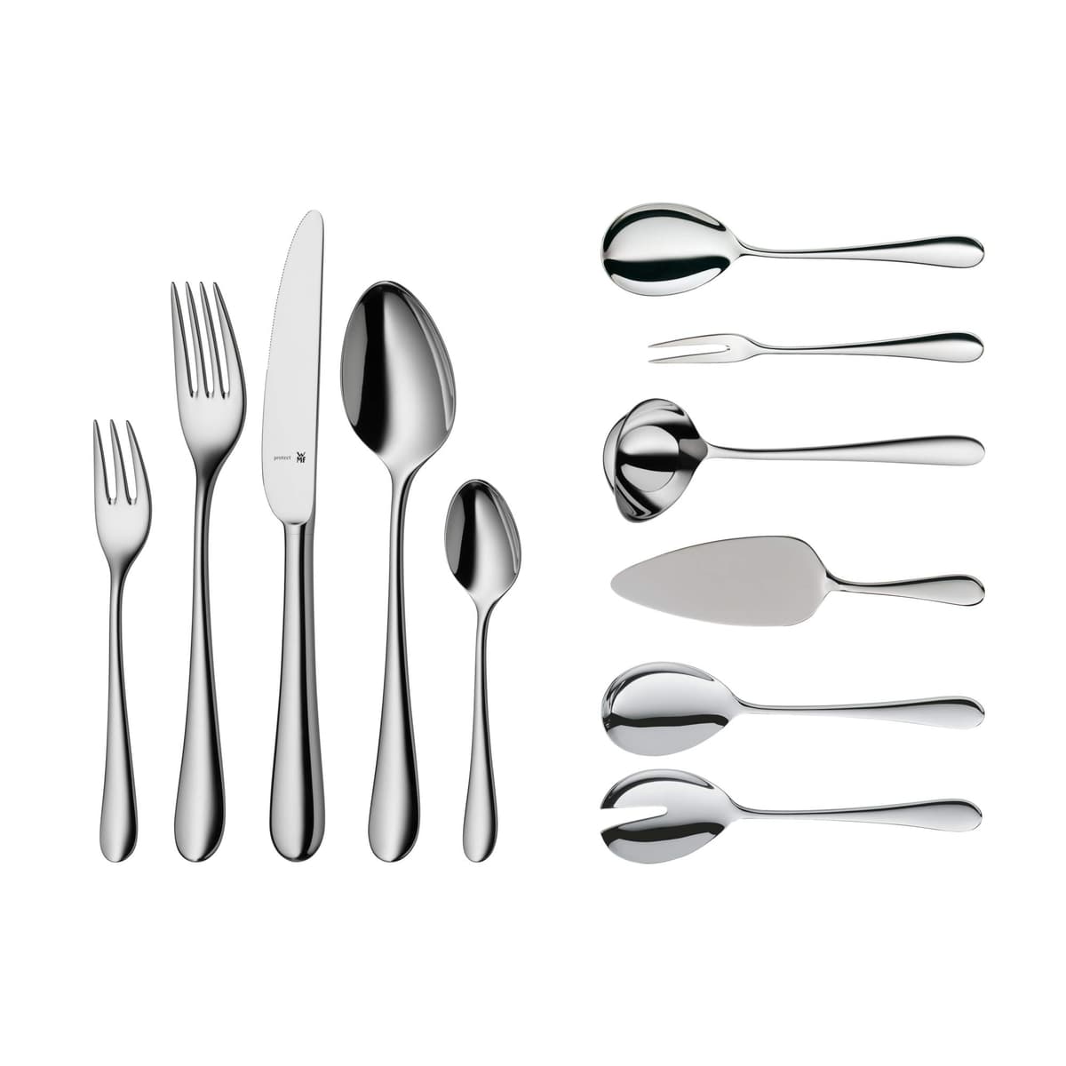 WMF Set de Cubiertos 66 Piezas para 12 Personas Merit Cromargan Protect Acero Inoxidable Cepillado Extremadamente Resistente a Rayones con Hoja Insertada 1140006341