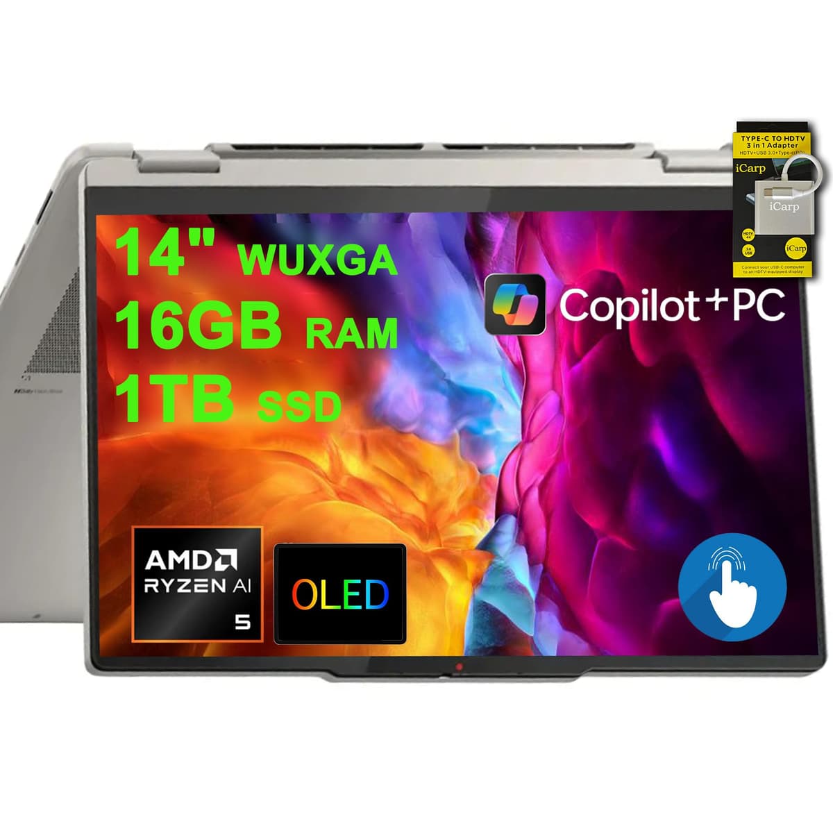 Lenovo Yoga 7 2 en 1 Portátil 14" WUXGA OLED Táctil (100% DCI-P3,600 nits HDR) AMD Ryzen AI 5 340 de 6 núcleos (hasta 50 TOPS) 16 GB RAM 1 TB SSD para Creadores/Profesionales de Negocios Win11 ICP Hub con Copilot AI